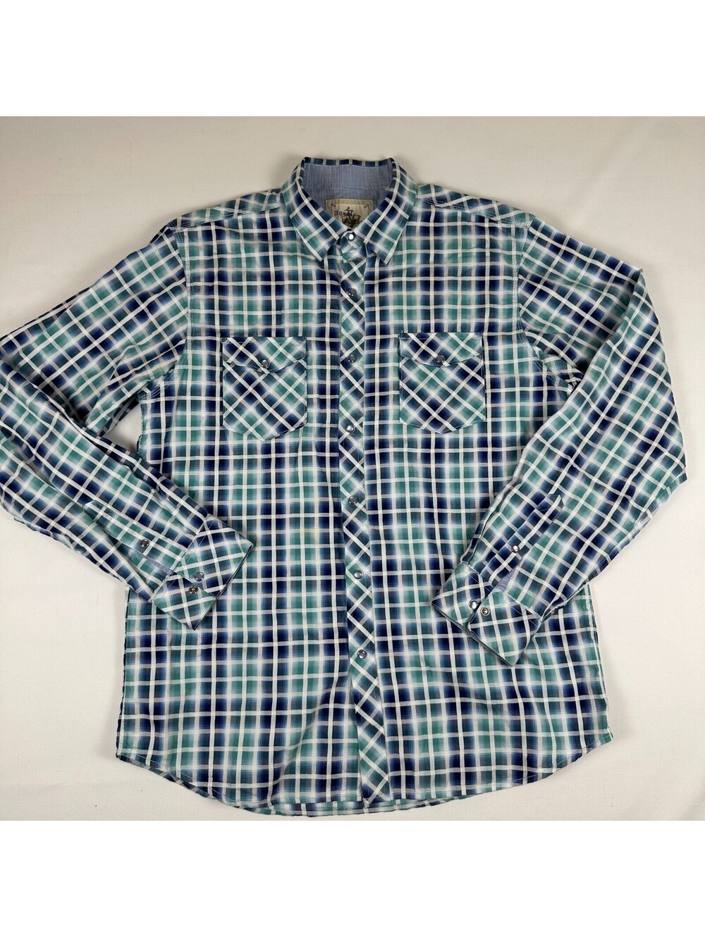 Age of Wisdom Mens XL Blue Green Plaid Pearl Snap Western Long Sleeve Shirt...